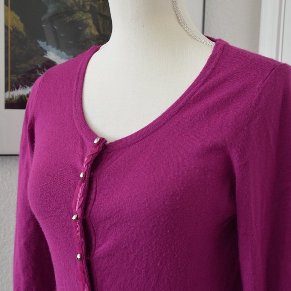 WHBM Magenta Fuchsia Sweater Cardigan with Scallop Trim and Chrome Snap Buttons - Picture 3 of 11